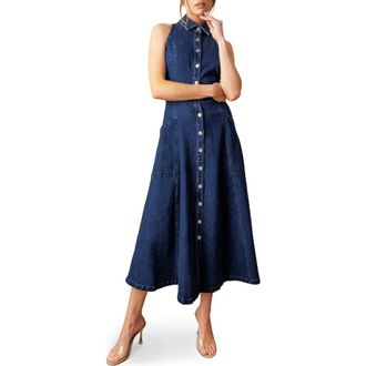 Flying Tomato Sleeveless Denim Maxi Shirtdress in Medium Indigo at Nordstrom Rack, Size Small