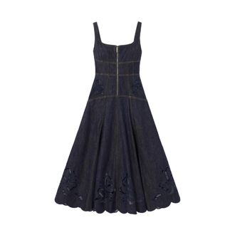 Self Portrait Denim Bow Embroidered Midi Jurk - Dames - Casual kleedjes - Blauw - XS - Denim - Kleedjes