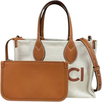 Gucci Beige Brown Canvas Leather Shoulder Bag Tote Bag (Pre-Owned)