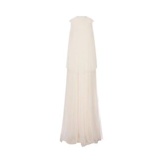 Fabiana Filippi Gowns, female, White, Size: XS Abito lungo collo vogatore con balza in tulle pliss&eacute; soleil