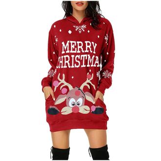 Generic Merry Christmas Womens Oversized Crew Neck Sweatshirt Dress - Long Sleeves, Funny Cute Xmas Print, Wine Glass Graphic, Casual Top Pullover Blouse