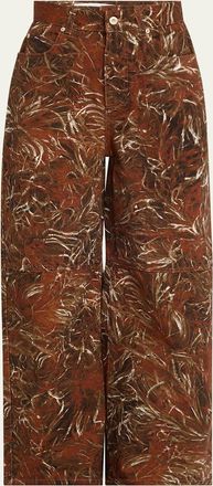 Loewe Feather Printed Denim Wide-Leg Pants