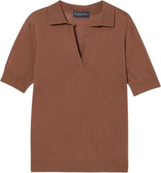 Brooks Brothers Zijdenmix Gebreide Polo met Johnny Kraag - Dames - V-hals truien - Bruin - M - Katoen - Truien & Vesten