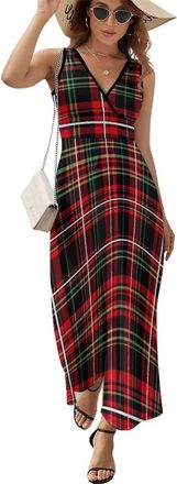 Generic Buffalo Scottish Tartan Plaid Checkered Red Maxi Dresses for Women Summer Sleeveless V-Neck Long Sundress Party Dress