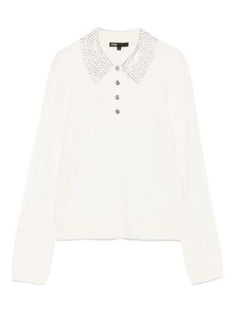Maje embellished-collar polo top - women - Elastane/Polyamide/Wool - 3 - White