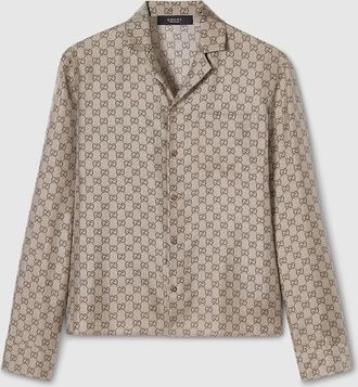 Gucci Printed Silk Twill Bowling Shirt, Size 44, Beige, Ready-to-wear