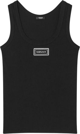 Versace 90s Vintage Logo Ribbed Tank Top - Dames - Tops zonder mouwen - Zwart - S - Katoen - Tops