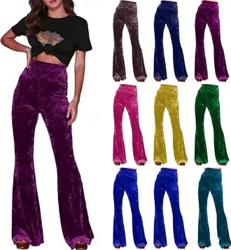Generic Velvet Flare Pants for Women Loose Solid Trousers High Waist Wide Leg Vintage Retro Yoga Pants Fashion Stretchy Slim Flare Pant Ladies Casual Business