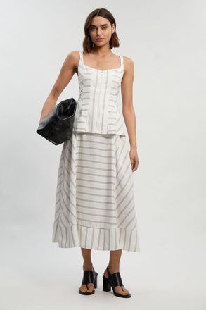 Karen Millen Womens Bold Stripe Cotton Strappy Peplum Woven Maxi Dress - White Lyocell - Size 16 UK