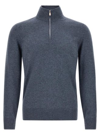 Brunello Cucinelli Blue Solid Mock Collar Sweater
