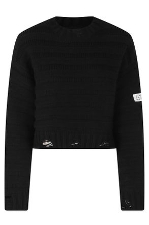 Maison Margiela Black Distressed Cropped Ribbed Trim Wool-Blend Sweater
