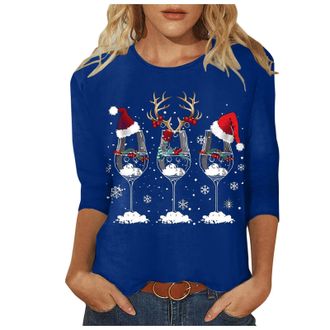 Generic Women Christmas T Shirts 3/4 Length Sleeve Round Neck Tops Round Neck Comfortable Tops Christmas Printed Shirt T Shirt Pullover Blouses Xmas Shirts Dr