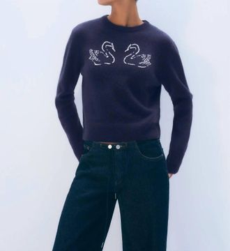 White + Warren Cashmere Swan Crew Top In Navy/ivory