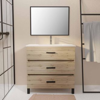 Aurlane Mueble De Ba&ntilde;o 80 Cm - Roble Industrial - 3 Cajones - Lavabo Y Espejo