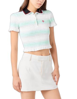 Casablanca Stripe Shirred Cotton Polo Top - White
