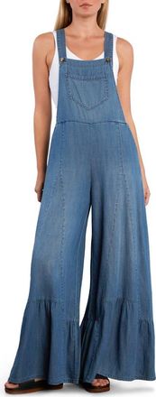 BILLY T Butterfly Ruffle Leg Cotton Blend Overalls in Vintage Denim at Nordstrom, Size X-Small