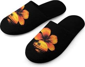 Generic Hawaiian Hibiscus Sunset Flowers Mens Flannel Slipper Soft Non Slip House Shoes Comfy Winter Warm Indoor Outdoor Slippers