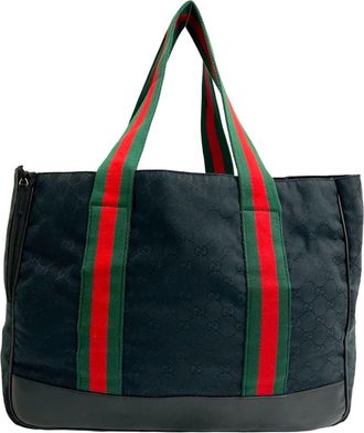 Gucci Black Green Red Color Canvas Leather Handbag Tote Bag (Pre-Owned)