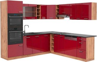 Vicco Cocina Esquinera R-line, Burdeos Brillo Intenso/roble Dorado, 237 X 247 Cm, Et Antracita