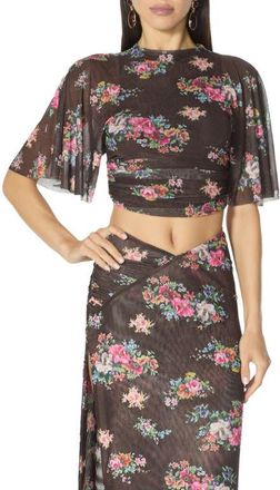 AFRM Kailie Ruched Flutter Sleeve Mesh Crop Top in Java Snake Floral at Nordstrom, Size X-Large