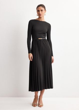 Mango Vestito midi svasato cintura nero - Donna - XL - MANGO