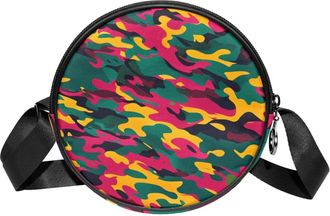 Generic Circle Crossbody Bag for Women, Colorful Camouflage Small Sling Bag Daypack with Zipper Adjustable Shoulder Straps Casual Ladies Girls Round Purse