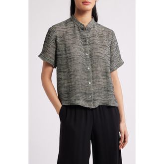Eileen Fisher Short Sleeve Organic Linen Blend Button-Up Shirt in Black/Natural at Nordstrom, Size X-Large