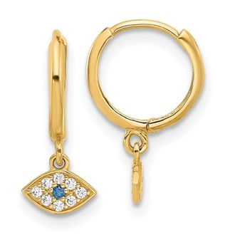 Diamond2Deal 10K Yellow Gold White & Blue CZ Dangle Evil Eye Hoop Earring