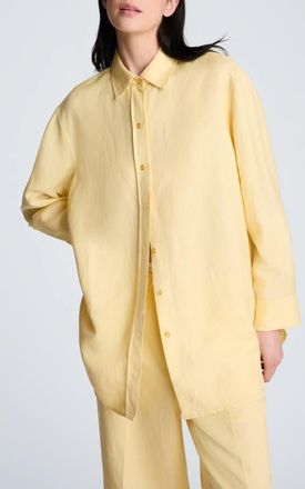 Kenneth Cole Long Linen Blend Button-Up Shirt in Pastel Yellow at Nordstrom, Size X-Small Regular