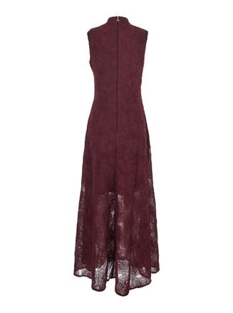 Rotate Bordeaux Crewneck Sleeveless Maxi Dress With All-Over Floral Embroidery In Tech Fabric Woman