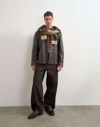 Topman overshirt in vera pelle vestibilit&agrave; comoda marrone cioccolato