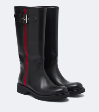 Gucci Web Stripe leather biker boots