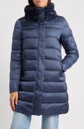 Save The Duck Dalea Faux Fur Collar Longline Puffer Jacket in Night Blue at Nordstrom Rack, Size 00(Xxs)