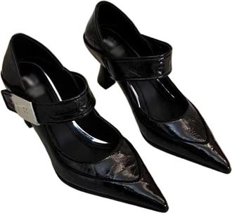 Generic JCVBN Soft Leather Pointed Toe Single Shoes Womens Autumn Shallow Mouth Metal Buckle Temperament Fashion High Heels Black