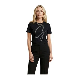 Guess T-Shirts, female, Black, Size: XS Short Sleeve Rhinestone T-shirt with Round Neck