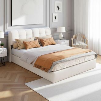 OEM Cama Lit 140x200 Cm Terciopelo Beige - Cabecera Led Ajustable, Almacenamiento Hidr&aacute;ulico, Somier Incluido