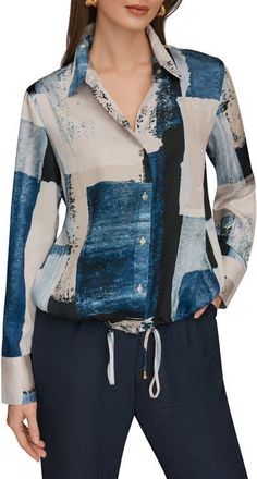 DKNY Drawstring Hem Long Sleeve Shirt in Washed Indigo/Cream at Nordstrom, Size X-Large