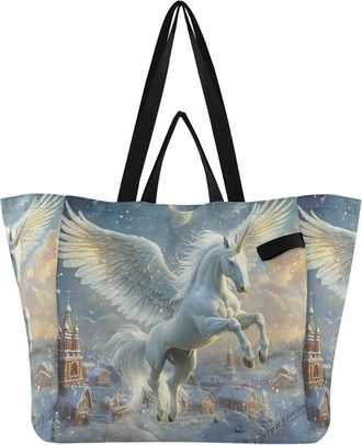 Generic Unicorn Snowy White pattern Reusable Canvas Tote Bag, Heavy Duty Grocery Shopping Bag with Large Capacity Hard Bottom Double Handles Work Groceries Tr