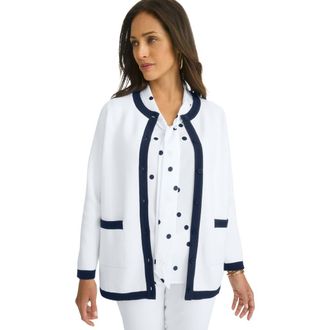 Jessica London Tipped Boxy Cardigan in White Navy at Nordstrom, Size Small