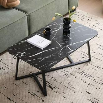 Trade Shop TrAdE Shop Traesio - Tavolino Rettangolare Basso Con Piano Effetto Marmo Gambe Incrociate Per Soggiorno Salotto - Nero