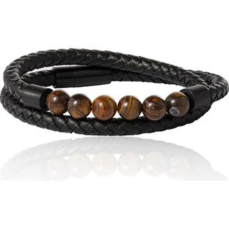 Lucky Brand Tigers Eye Beaded and Leather Wrap Bracelet in Black, Brown at Nordstrom