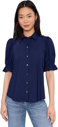 Liverpool L.A. Elbow Puff Sleeve Snap Front Knit Shirt Womens Clothing Navy Ink : PXS, Elastane/Nylon