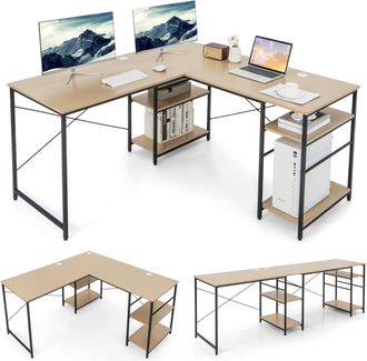 Costway Costway - Escritorio De Ordenador En Forma De L, 3 Orificios Para Cables, Estante Extra, 2 Formas, Mesa De Trabajo De 2 Personas,mesa Escritorio Esqui