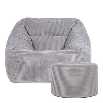 Icon Brand Corduroy Bean Bag Armchair & Round Beanbag Footstool in Light Grey
