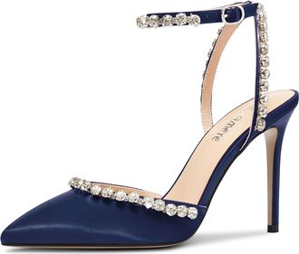 Castamere Womens Stiletto High Heel Pointed Toe Ankle Strap Rhinestone Crystal Pumps Court Shoe Prom Satin 10 CM Heels Navy Blue 5 UK