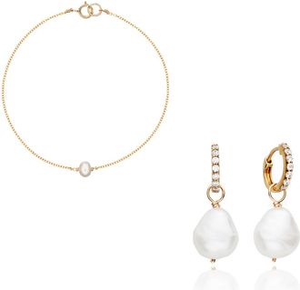 Lily & Roo Gold Pearl Drop Huggies and Single Pearl Bracelet Gift Set