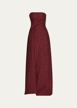 Monique Lhuillier Strapless Textured Jacquard Draped Train Column Gown
