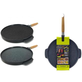 Trade Shop TrAdE Shop Traesio - Padella Piastra Bistecchiera Doppia Tonda 2 In 1 Antiaderente In Alluminio Legno &oslash;32cm