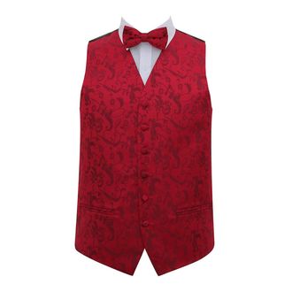 DQT Men Passion Floral Waistcoat Bow Tie Hanky & Cufflinks (44, Burgundy)