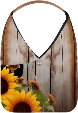 Generic Cow Sunflower Wood Board Reusable Lightweight Grocery Bags - Foldable Into Compact Pouch, Washable & Sturdy, Multipurpose for Shopping and Travel